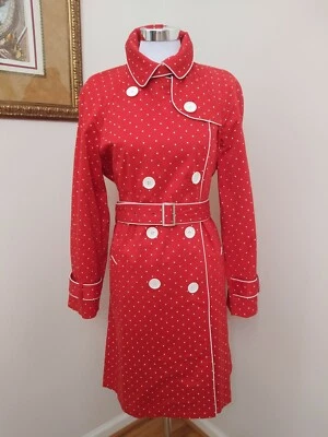 BANDOLINO Stretch Sz L Coat Red White Polka Dot w/Pockets Button Front Belt  EUC - Image 1 of 4