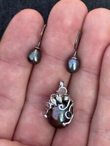 silver black brock pearl and gemstones art nouveau design pendant and earrings.