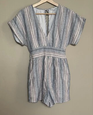 NUEVO Mameluco American Eagle para mujer a rayas algodón lino forrado azul talla mediana Foto 1 de 4