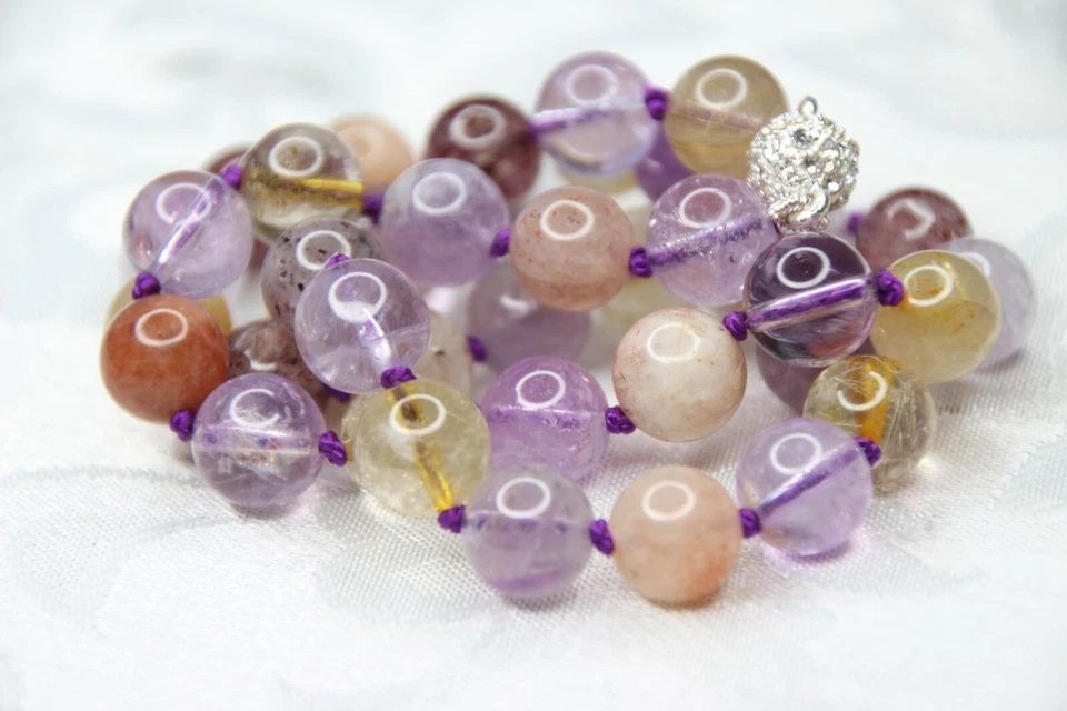 Super Seven Purple Gemstone 19" Hand Tied Silk Knotted Necklace Rhinestone Clasp - Image 1 of 4