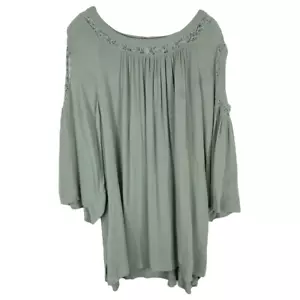 Catherines Plus Size 2X 22W 24W Top Green Cold Shoulder Crepe Crochet Lace 322 - Picture 1 of 8