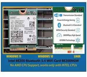Intel Wireless WIFI 7 BE200 NGW NGFF M.2 KEY E 5800Mbps Bluetooth 5.4 802.11BE - Picture 1 of 3