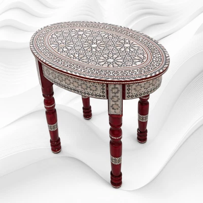 W40R Moroccan Handmade Mother Of Pearl Inlaid Coffee Side End Oval Brown Table - Image 1 of 4