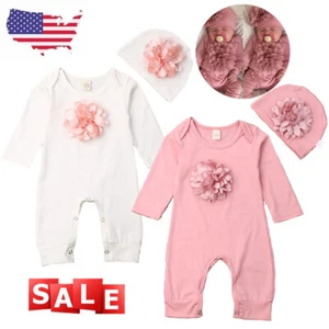Newborn Baby Girl Long Sleeve Floral Romper Bodysuit Jumpsuit Hat Clothes Outfit - Picture 1 of 10