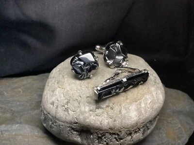 Vintage Sarah Cov CHARCOAL CLASSIC 1962 Hematite Glass Cufflinks & Tie Clip Set - Image 1 of 4