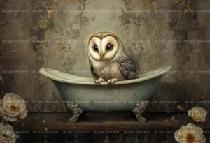 STAMPA ARTISTICA VASCA DA BAGNO GUFO FIENILE, decorazione casa uccellino Cottagecore, poster bagno E777 - Foto 1 di 2