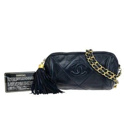 CHANEL Matelasse Tassel Chain Mini Shoulder Bag Leather Navy Vintage 660RK687 - Image 1 of 4