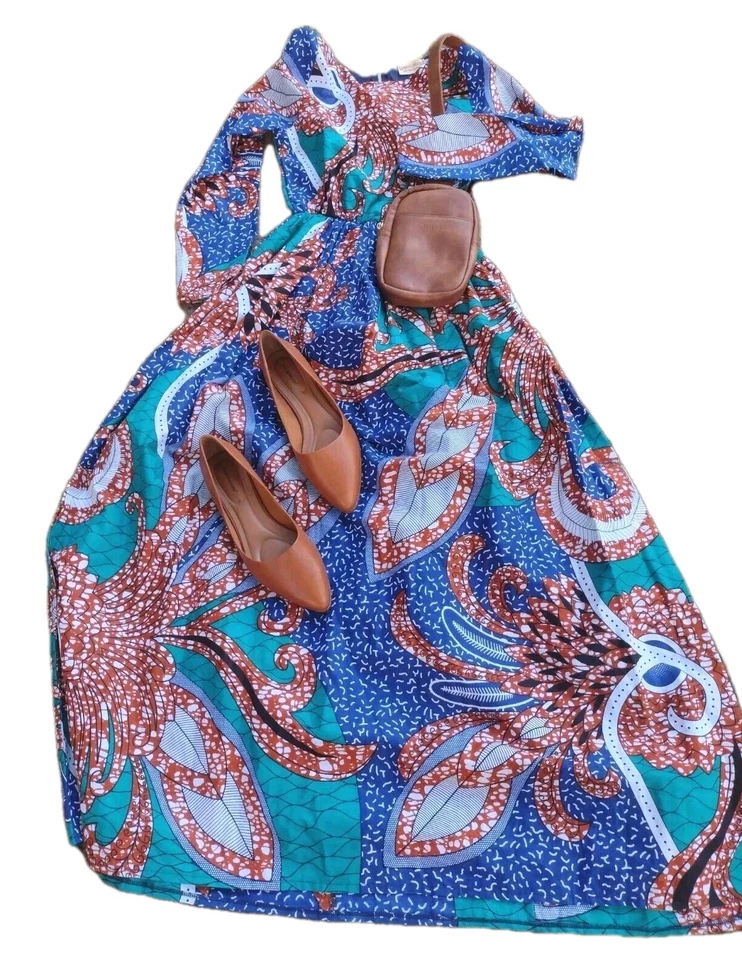 Vestido Largo Grass Fields Estampado de Cera Talla 8 Manga Larga Azul Verde Marrón Nuevo Foto 1 de 4