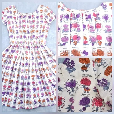 Vestido de día vintage de seda botánico estampado floral pequeño años 50 cabaña Zinnia rosa francés Foto 1 de 4
