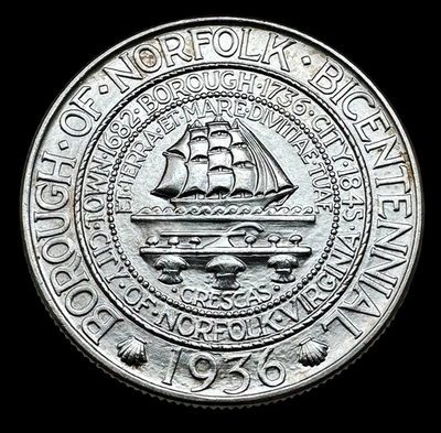 US 1936 City of Norfolk Bicentennial Commemorative Silver Half Dollar BU - Image 1 of 2