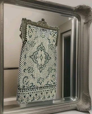 Antique Art Deco Mandalian Mfg Co Hand Painted Metal Mesh Bag – Floral Blue Gold - Image 1 of 4