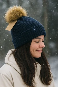 Joules Snowday Hat Navy Blue Knit Faux Fur Pom One Size New with Tags - Picture 1 of 4