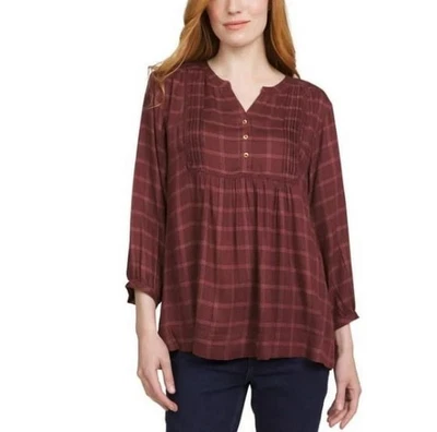 Blusa para mujer Wrangler Babydoll a cuadros mangas 3/4, marrón, pequeña Foto 1 de 4
