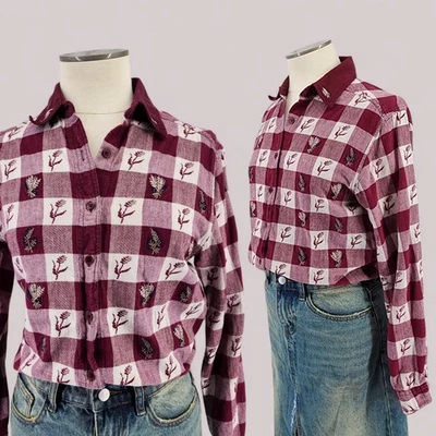 Vintage 90s Embroidered Shirt Small Plaid Lavender Retro Western Boho Cottage - Image 1 of 4