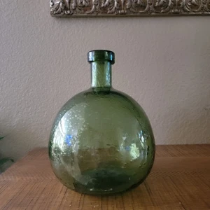 Vintage Green Bubble Glass Vases Handblown Demijohn Style 9 Inch Round Bottle - Picture 1 of 10