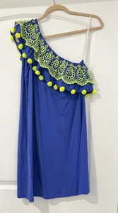 Lilly Pulitzer Dress Medium Blue Pom Pom Embroidered Idara One Shoulder NEW - Picture 1 of 10