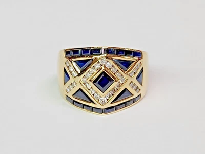 LEVIAN Signed 18k Gold Natural Sapphire & Diamond Geometric Channel Ring Sz 7.75 - Image 1 of 4