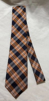 Мужской шелковый галстук Merona дизайнерский темно-синий, оранжевый, белый клетчатый - Изображение 1 из 4