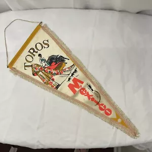 Vintage Toros Mexiko Souvenir Wimpel Satin Fransen Stoff 18" Stierkämpfer - Bild 1 von 8