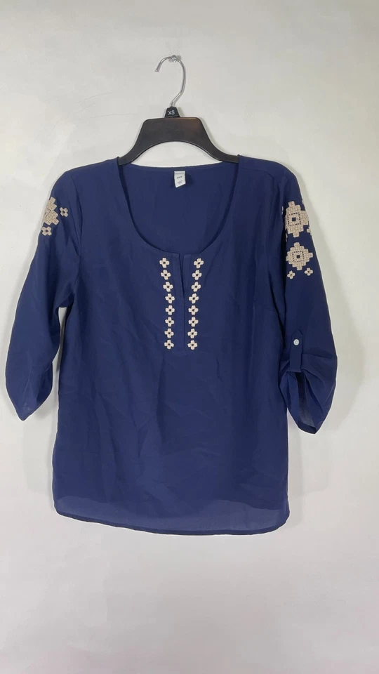 Blusa antigua azul marino para mujer con cuello en V manga corta 3/4 lengüeta enrollable azul talla M. Foto 1 de 4