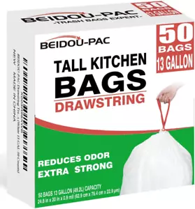 Trash Bags 13 Gallon Drawstring, 50 Count Garbage Bags, Tall Kitchen Trash Bags, - Picture 1 of 6