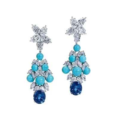 Orecchini pendenti turchese e zaffiro da laboratorio in argento sterling 925 ... - Immagine 1 di 4