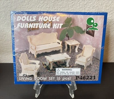Muebles de madera para casa de muñecas, juego de salón 5 piezas Modelo Artesanal Madera NUEVO/SELLADO Foto 1 de 2