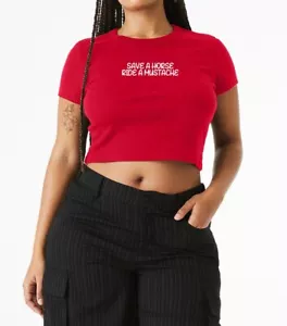 Women's "Save a Horse Ride a Mustache" Graphic Crop Top – Red Short Sleeve Tee - Picture 1 of 1