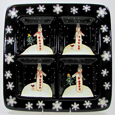 Plato para servir seccional International Midnight Snowman 15" certificado negro sin usar, en caja Foto 1 de 4