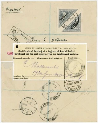 ÁFRICA SUDOESTE 1926 TRIANGULARES REGISTRADOS TSUMEB para ALEMANHA + RECIBO - Imagem 1 de 4