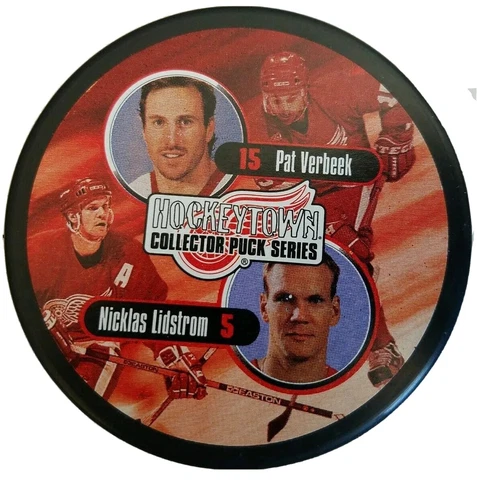 VINTAGE STICKER LOGO NHL DETROIT RED WINGS VERBEEK & LIDSTROM STATS RARE PUCK Cover