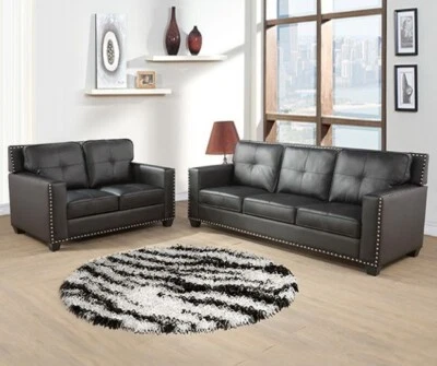 NUEVO 2 PIEZAS Sofá Loveseat Negro Cuero Gel Contemporáneo Moderno Juego de Sala de Estar Foto 1 de 4