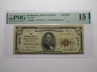 $5 1929 Burlington North Carolina National Currency Bank Note Bill Ch #13613 F15 - Image 1 of 4