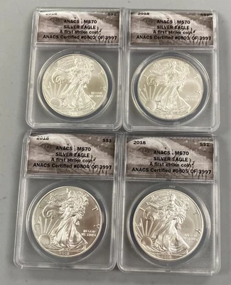 4 2018 ANACS MS70 1st Strike US 1ozt Silver Eagle Coin spot 0802/3/4/5 of3997 34 - Image 1 of 4