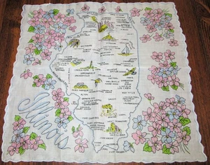 Vintage Hankie Illinois State Souvenir Land of Lincoln Scalloped - Picture 1 of 4