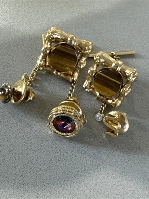 复古金色老虎眼方形男式袖口和三个领带 Tacs 图钉 — 第 1/4 张图片