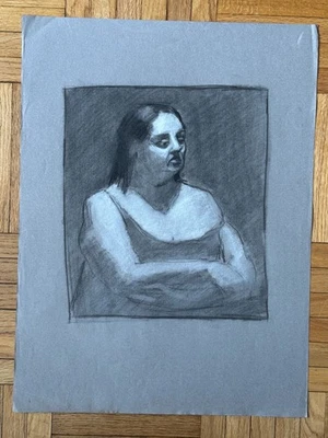 1980s Large Scale Woman Portrait Drawing Charcoal Paper 18 x 24 - Image 1 of 4