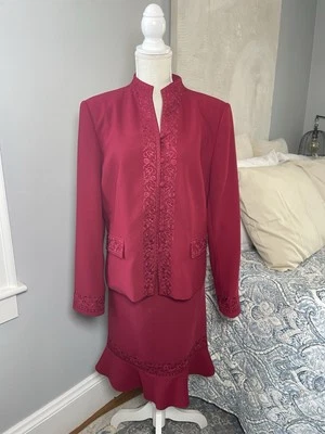 JOHN MEYER of Norwich 2PC Red Polyester Skirt Suit Embroidered Beaded Size 14 - Image 1 of 4