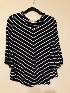 Stem & Vine Top Size M Navy & White Striped 3/4 Bell Sleeve Stretch Lace - Picture 1 of 6