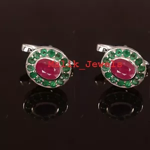 Natural Ruby & Emerald Gemstones 925 Sterling Silver Cufflinks For Men's #2001 - Picture 1 of 2