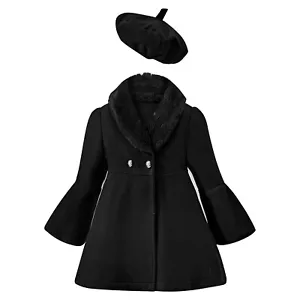 Girls Winter Windproof Coat Jacket Kids Warm Outerwear Pea Coat with Beret Hat - Picture 1 of 55