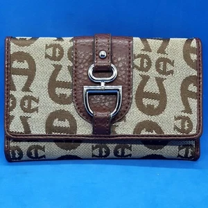 Etienne Aigner Women’s Brown Signature Cloth Trifold Wallet, Silver Hardware EUC - Picture 1 of 7