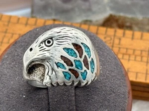 Vintage Sterling Navajo Eagle Crushed Turquoise/Coral Inlay Ring Sz 9--1330.25 - Picture 1 of 6