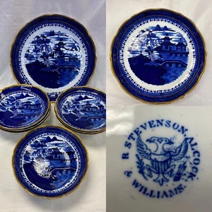 Antique 1820s Stevenson, Alcock & Wms Flow Blue Oriental & Gold Dessert Set~ UK - Picture 1 of 12