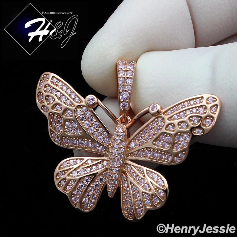 925 STERLING SILVER ICY CZ GOLD/ROSE GOLD PLATED/SILVER BUTTERFLY PENDANT*SP284 - Image 1 of 1