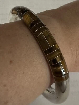 New Price,Large Artisan Made Tiger Eye Inlay Sterling Silver Bracelet, 67+ Grams - Image 1 of 4