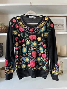 VTG Essence Womens Sweater Colorful Boho Floral Embroidered Chunky Knit Hippy - Picture 1 of 12