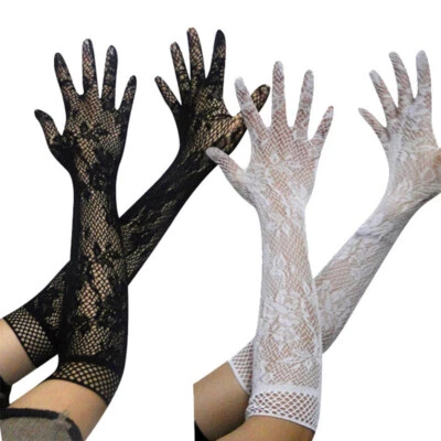 Womens Sexy Elbow Length Fingerless Lace Up Arm Warmer Black Long Lace Gloves - Image 1 of 4