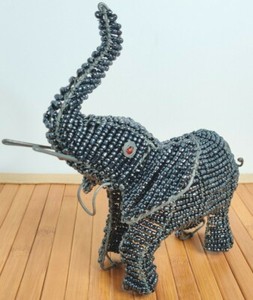 Handmade Wire & Beaded Elephant Sculpture Figurine with Trunk Up - South Africa