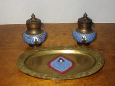 Cloisonne Enameled Brass Salt And Pepper Shakers With Tray Oriental Blue Vintage